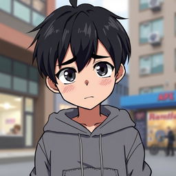 An anime-style illustration of a male teenager with dark hair, exhibiting a concerned expression