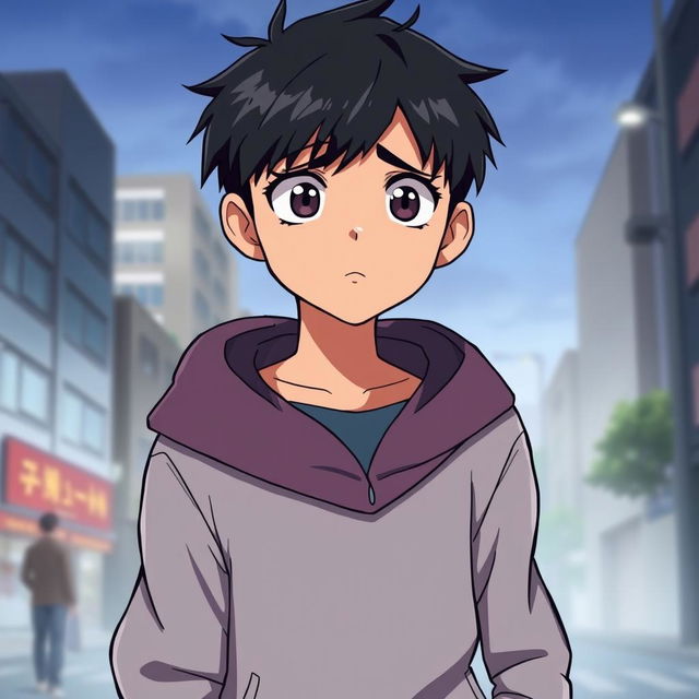 An anime-style illustration of a male teenager with dark hair, exhibiting a concerned expression