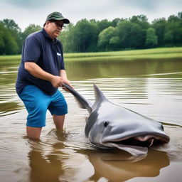 A person is seen excitedly reeling in a massive catch - a catfish as big as a bus, startling onlookers with its enormous size and power