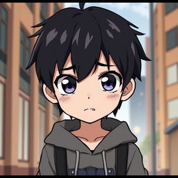 An anime-style illustration of a male teenager with dark hair, exhibiting a concerned expression