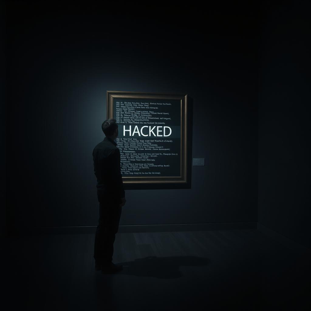 A tall, shadowy male figure stands in a dark art gallery, looking up at a framed painting