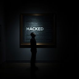 A tall, shadowy male figure stands in a dark art gallery, looking up at a framed painting