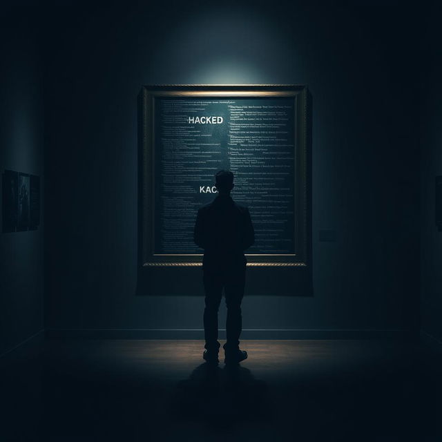 A tall, shadowy male figure stands in a dark art gallery, looking up at a framed painting