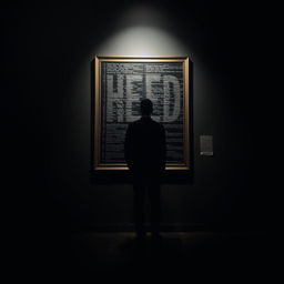 A tall, shadowy male figure stands in a dark art gallery, looking up at a framed painting