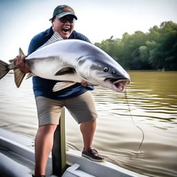 A person is seen excitedly reeling in a massive catch - a catfish as big as a bus, startling onlookers with its enormous size and power