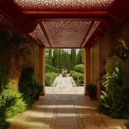 Design a corridor with an open garden area in a royal style