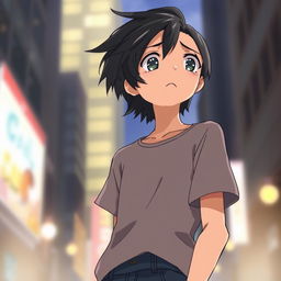 An anime-style male teenager with dark hair, featuring a concerned expression as he looks up, the background is a soft blurred cityscape with gentle lighting, conveying a sense of worry and contemplation