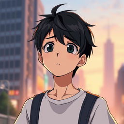 An anime-style male teenager with dark hair, featuring a concerned expression as he looks up, the background is a soft blurred cityscape with gentle lighting, conveying a sense of worry and contemplation
