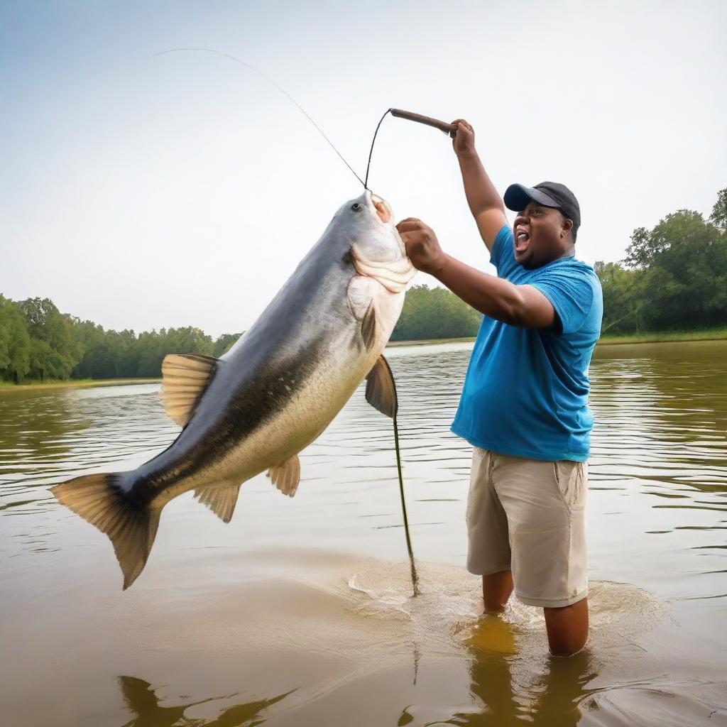 A person is seen excitedly reeling in a massive catch - a catfish as big as a bus, startling onlookers with its enormous size and power