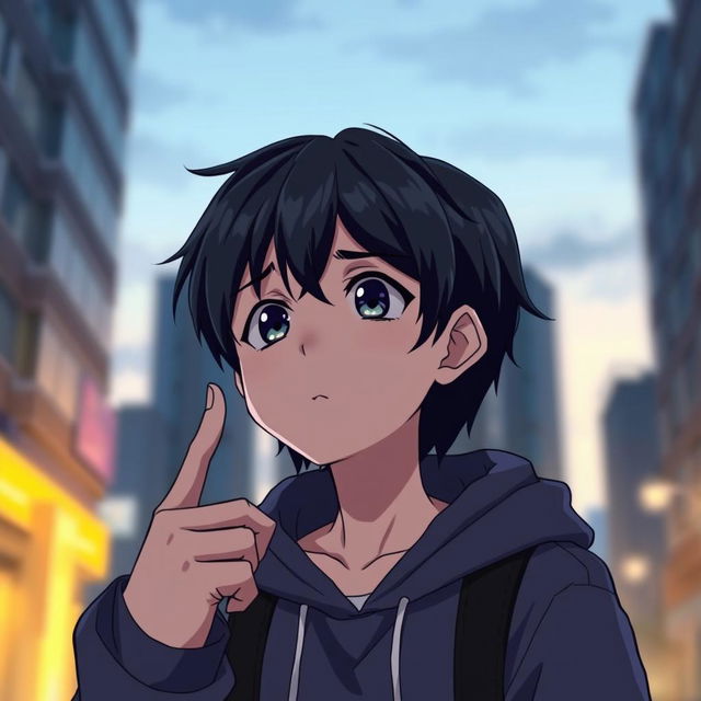 An anime male teenager with dark hair is depicted with a concerned expression on his face, looking upwards and pointing with his right hand