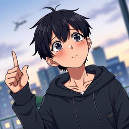 An anime male teenager with dark hair is depicted with a concerned expression on his face, looking upwards and pointing with his right hand