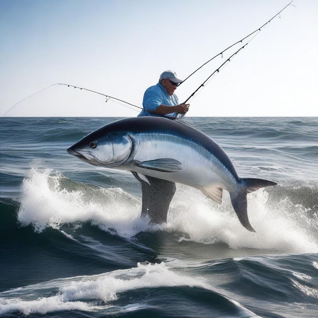 A patient angler caught in the thrilling moment of reeling in the world's largest fish, its immense size causing waves to ripple around the fishing boat