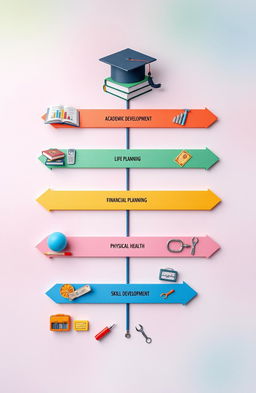 A detailed life planning roadmap, visually depicted with various sections including academic development featuring books and a graduation cap, financial planning represented with graphs and currency symbols, physical health shown with fitness equipment and healthy food, and skill development illustrated with a toolkit and learning materials