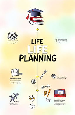 A detailed life planning roadmap, visually depicted with various sections including academic development featuring books and a graduation cap, financial planning represented with graphs and currency symbols, physical health shown with fitness equipment and healthy food, and skill development illustrated with a toolkit and learning materials