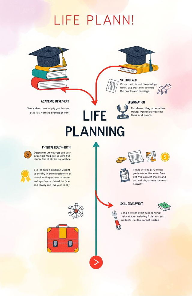 A detailed life planning roadmap, visually depicted with various sections including academic development featuring books and a graduation cap, financial planning represented with graphs and currency symbols, physical health shown with fitness equipment and healthy food, and skill development illustrated with a toolkit and learning materials