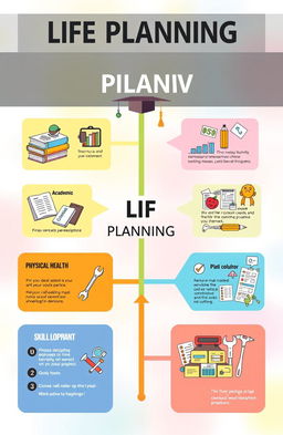 A detailed life planning roadmap, visually depicted with various sections including academic development featuring books and a graduation cap, financial planning represented with graphs and currency symbols, physical health shown with fitness equipment and healthy food, and skill development illustrated with a toolkit and learning materials