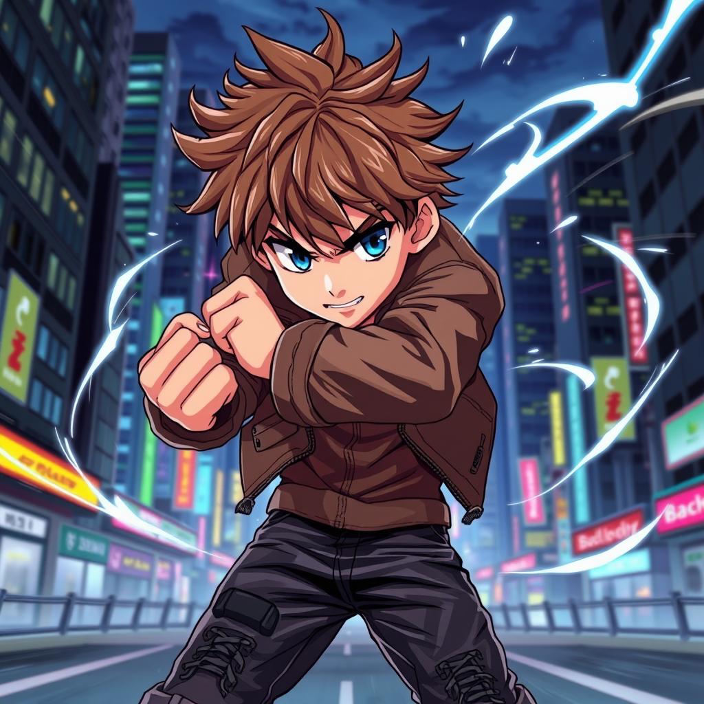 An anime-style illustration of a male teenager with tousled brown hair, standing in a dynamic fighting pose