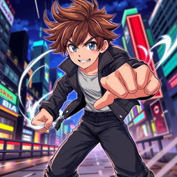 An anime-style illustration of a male teenager with tousled brown hair, standing in a dynamic fighting pose