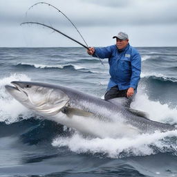 A patient angler caught in the thrilling moment of reeling in the world's largest fish, its immense size causing waves to ripple around the fishing boat