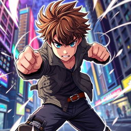 An anime-style illustration of a male teenager with tousled brown hair, standing in a dynamic fighting pose