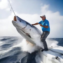 A patient angler caught in the thrilling moment of reeling in the world's largest fish, its immense size causing waves to ripple around the fishing boat