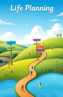Create an artistic representation of a life planning theme, depicted as a colorful roadmap unfolding across a serene landscape