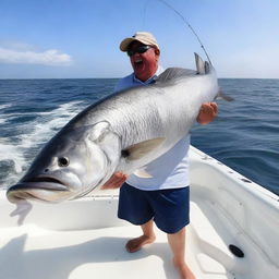 A patient angler caught in the thrilling moment of reeling in the world's largest fish, its immense size causing waves to ripple around the fishing boat