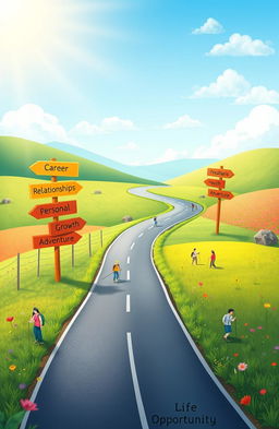 Create an artistic representation of a life planning theme, depicted as a colorful roadmap unfolding across a serene landscape