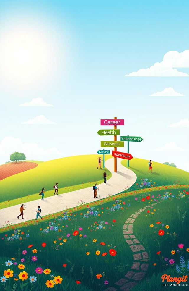 Create an artistic representation of a life planning theme, depicted as a colorful roadmap unfolding across a serene landscape