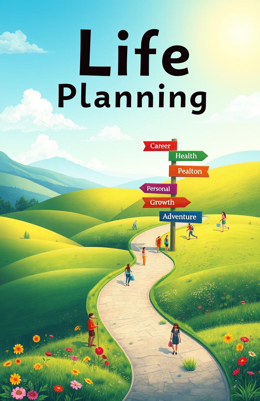 Create an artistic representation of a life planning theme, depicted as a colorful roadmap unfolding across a serene landscape