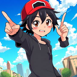 A dynamic anime-style illustration of a male teenager with dark hair wearing a bright red cap, standing confidently with one hand pointing upward as if making an important point