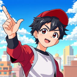 A dynamic anime-style illustration of a male teenager with dark hair wearing a bright red cap, standing confidently with one hand pointing upward as if making an important point