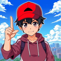 A dynamic anime-style illustration of a male teenager with dark hair wearing a bright red cap, standing confidently with one hand pointing upward as if making an important point