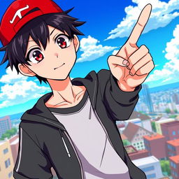 A dynamic anime-style illustration of a male teenager with dark hair wearing a bright red cap, standing confidently with one hand pointing upward as if making an important point