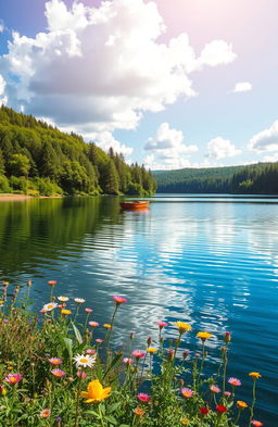 A serene landscape featuring a tranquil lake surrounded by lush green forests under a bright blue sky with fluffy white clouds
