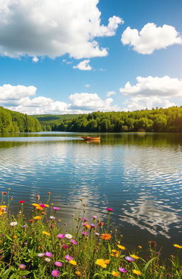 A serene landscape featuring a tranquil lake surrounded by lush green forests under a bright blue sky with fluffy white clouds