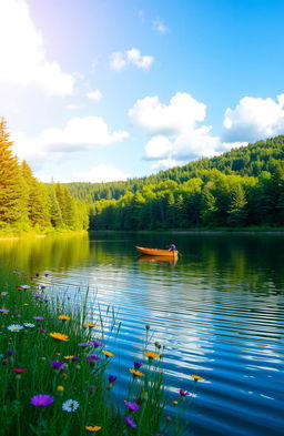 A serene landscape featuring a tranquil lake surrounded by lush green forests under a bright blue sky with fluffy white clouds