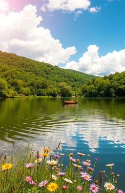 A serene landscape featuring a tranquil lake surrounded by lush green forests under a bright blue sky with fluffy white clouds