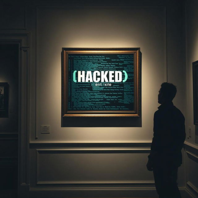 A silhouette of a person standing in an art gallery, gazing at a large framed artwork that features the word 'HACKED' with a faded appearance