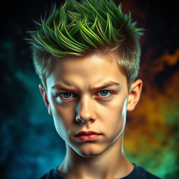 A close-up portrait of a teenage boy with bright green hair styled in a spiky fashion, showcasing a determined and focused expression on his face