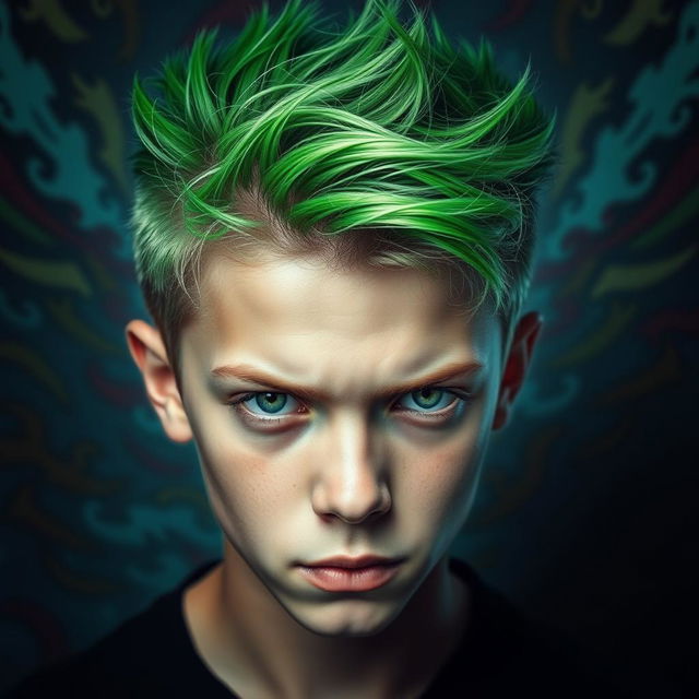 A close-up portrait of a teenage boy with bright green hair styled in a spiky fashion, showcasing a determined and focused expression on his face