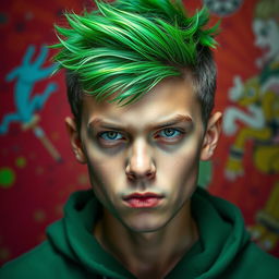 A close-up portrait of a teenage boy with bright green hair styled in a spiky fashion, showcasing a determined and focused expression on his face
