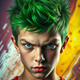A close-up portrait of a teenage boy with bright green hair styled in a spiky fashion, showcasing a determined and focused expression on his face