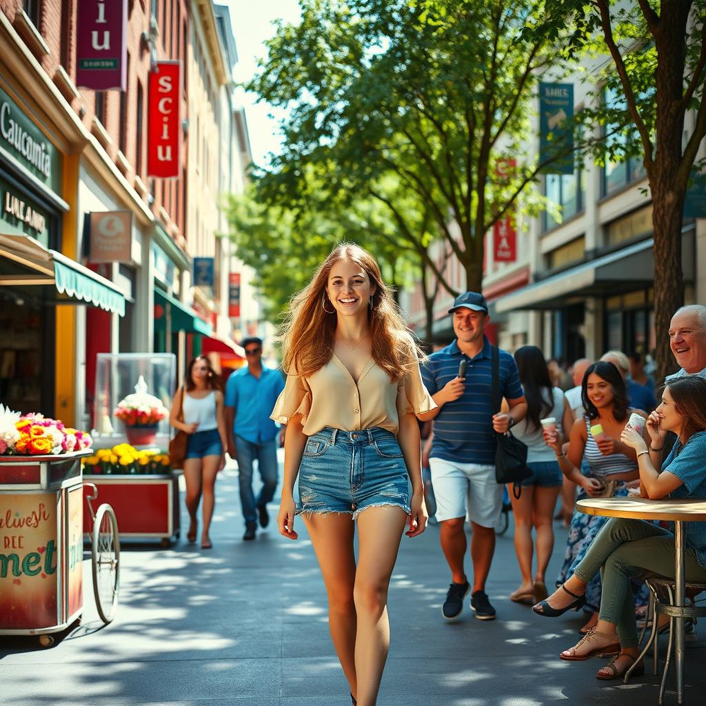 A lively urban scene with a young adult woman walking confidently down a busy city street