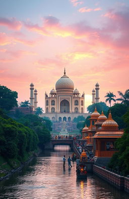 A stunning landscape showcasing the divine destinations of India, featuring sacred sites such as the majestic Taj Mahal at sunrise, the intricate architecture of the Golden Temple, and the serene atmosphere of Varanasi along the Ganges River