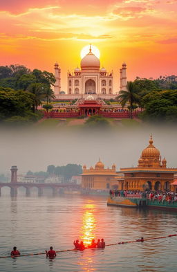 A stunning landscape showcasing the divine destinations of India, featuring sacred sites such as the majestic Taj Mahal at sunrise, the intricate architecture of the Golden Temple, and the serene atmosphere of Varanasi along the Ganges River