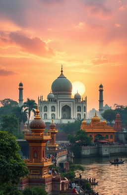 A stunning landscape showcasing the divine destinations of India, featuring sacred sites such as the majestic Taj Mahal at sunrise, the intricate architecture of the Golden Temple, and the serene atmosphere of Varanasi along the Ganges River