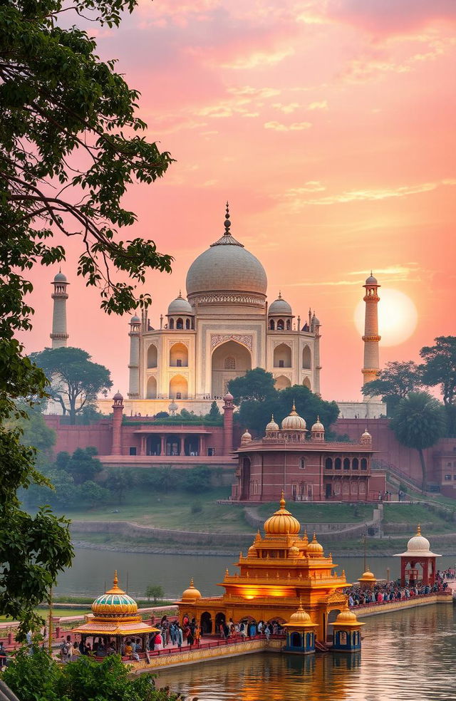 A stunning landscape showcasing the divine destinations of India, featuring sacred sites such as the majestic Taj Mahal at sunrise, the intricate architecture of the Golden Temple, and the serene atmosphere of Varanasi along the Ganges River