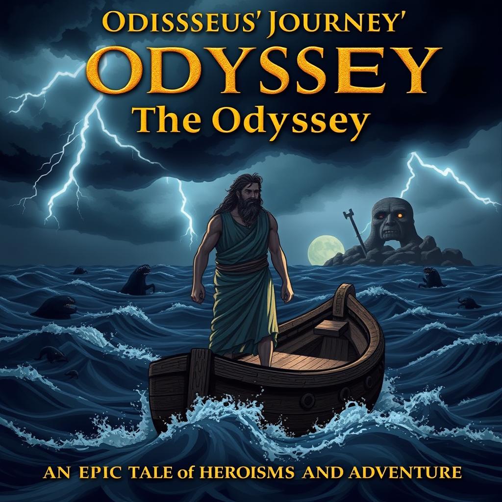 A dramatic scene featuring Odysseus standing resolutely on the deck of a small, ancient Greek ship, his face set with determination as he gazes across the tumultuous open sea