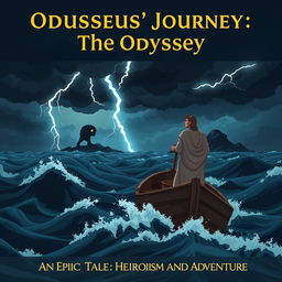 A dramatic scene featuring Odysseus standing resolutely on the deck of a small, ancient Greek ship, his face set with determination as he gazes across the tumultuous open sea
